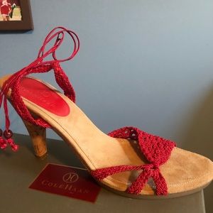 COLE HAAN Lyris Red Macrame Woven Sandal Rope Open Toe Ankle Wrap Cork Heel